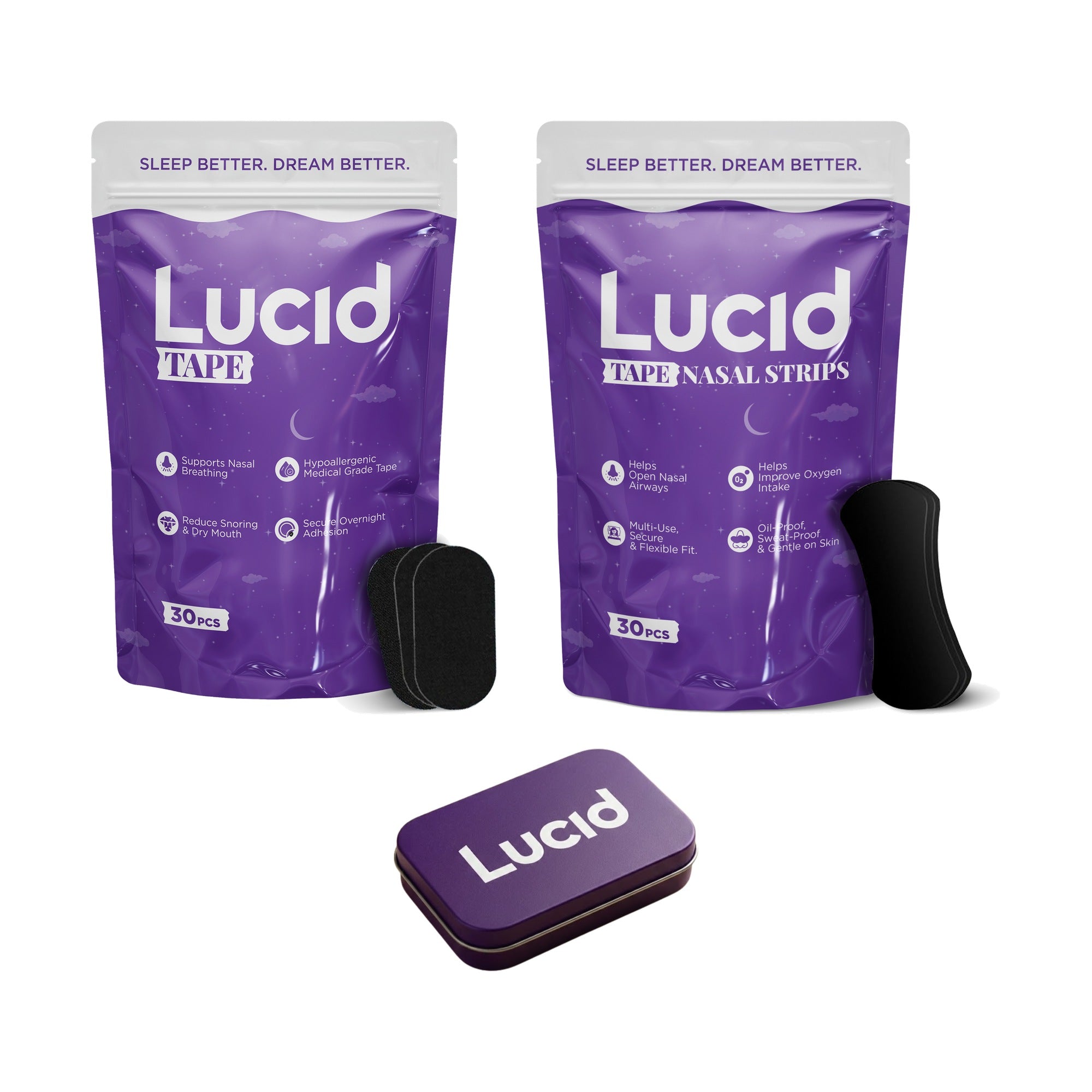 Lucid Complete Sleep Kit – 30ct mouth tape pouch, 30ct nasal strips pouch and purple aluminium storage tin