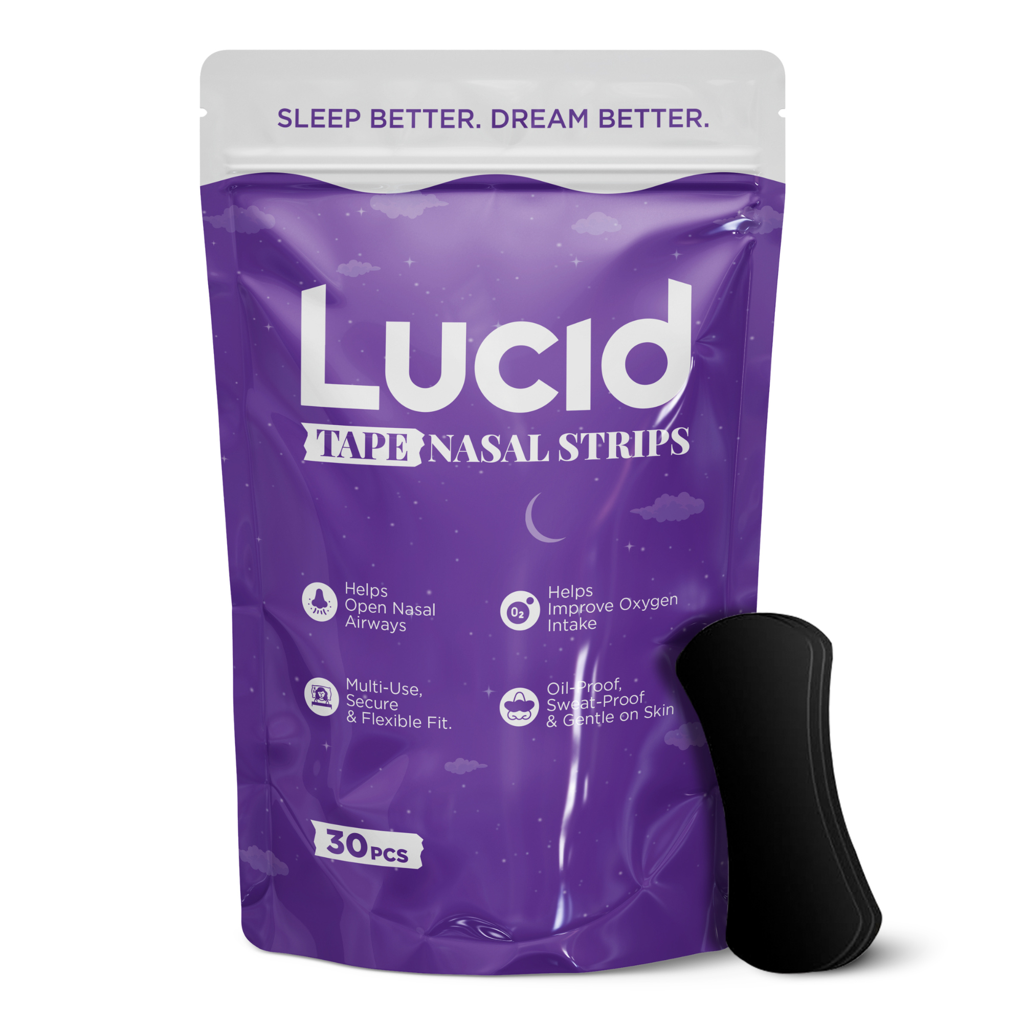 Lucid Nasal Strips for Breathing - Oil &amp; Sweat Proof Adhesive - Performance Nasal Strips for Snoring &amp; Sleeping - Black, Wide Body, Universal Fit, Extra Strength - 30 Day Supply