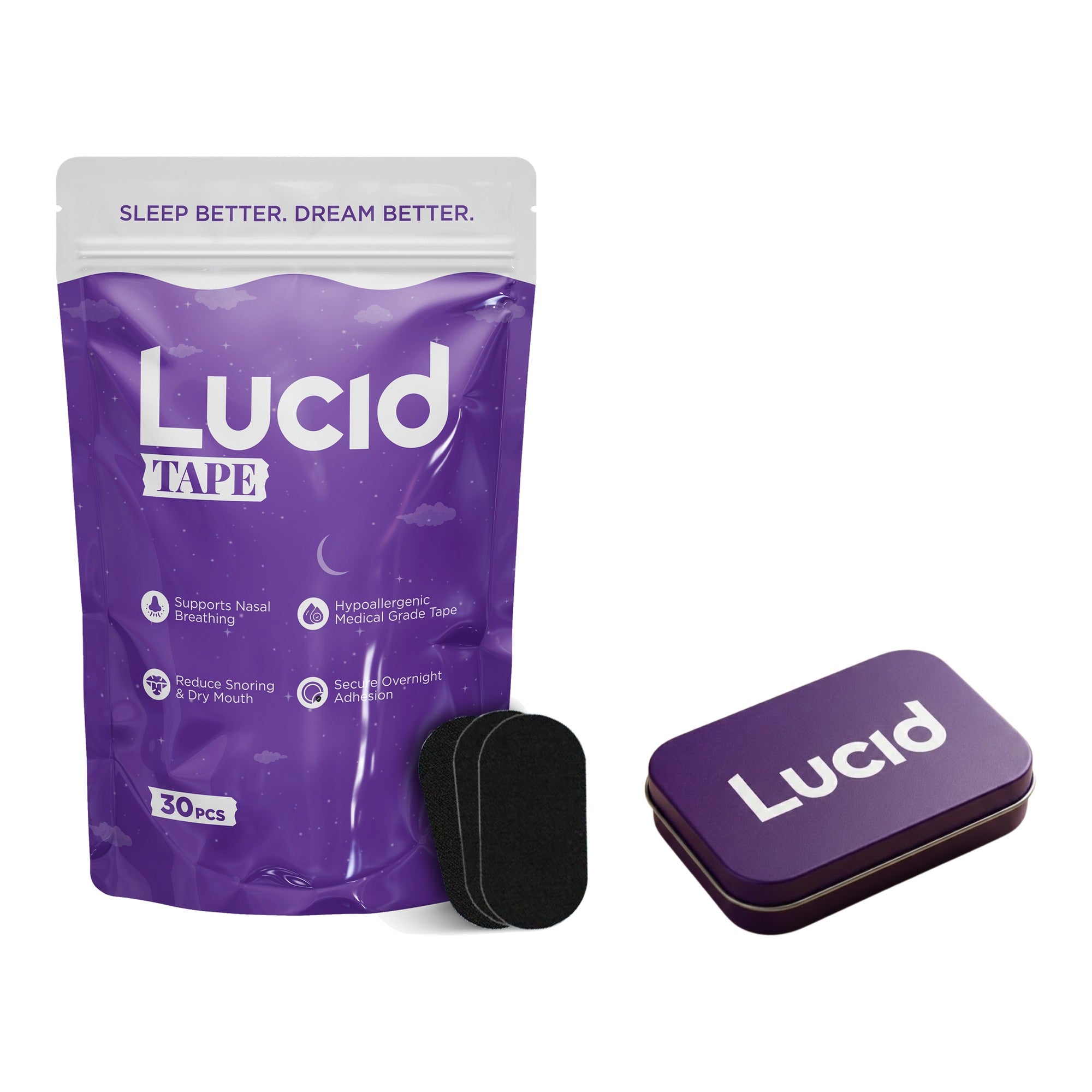 Lucid mouth tape 30ct pouch with purple aluminium storage tin