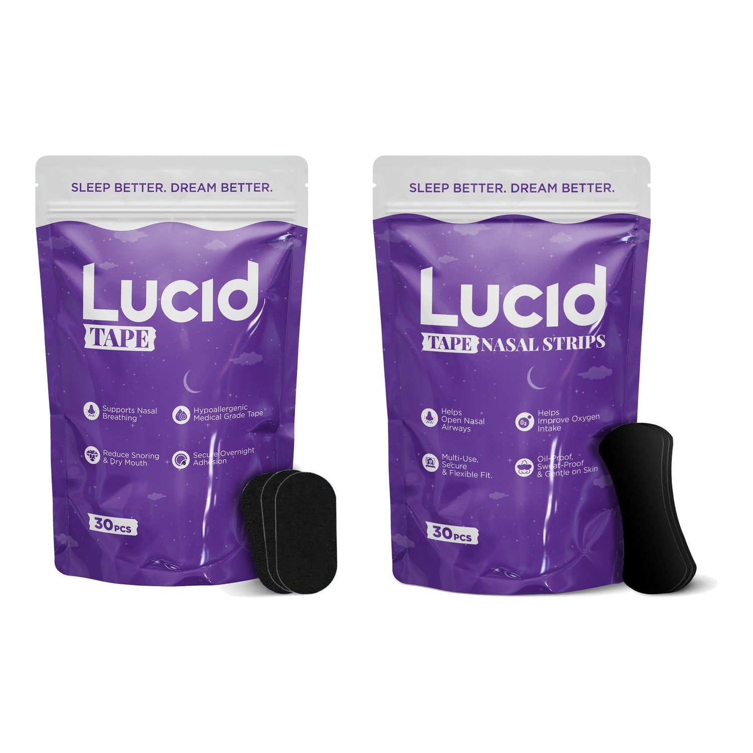 Lucid Nightly Breathing Kit – 30ct mouth tape pouch beside 30ct nasal strips pouch